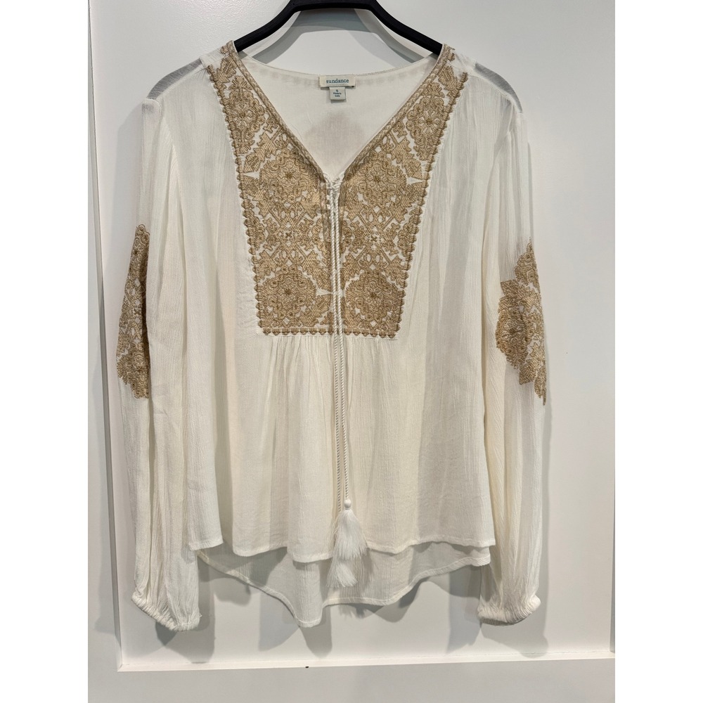 Sundance Womens Embroidered Peasant Blouse White Gold Tassel Boho Top Small